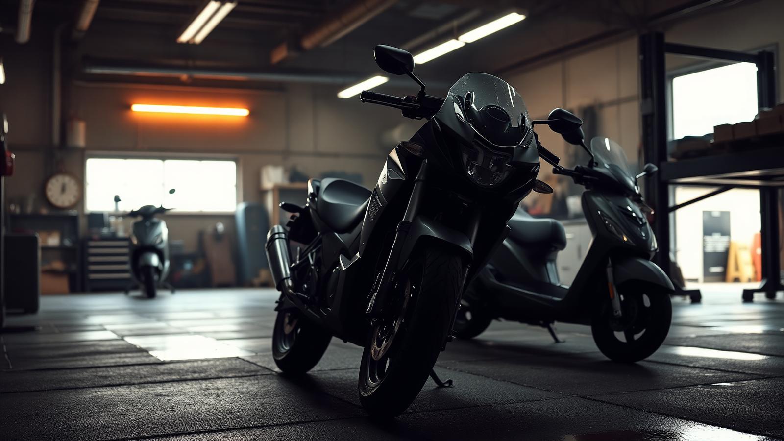 Moto et scooter dans un garage de réparation