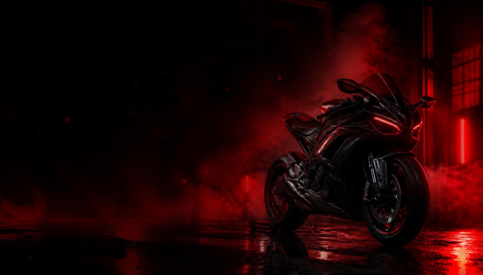 Moto sportive dans un garage sombre aux lumières rouges